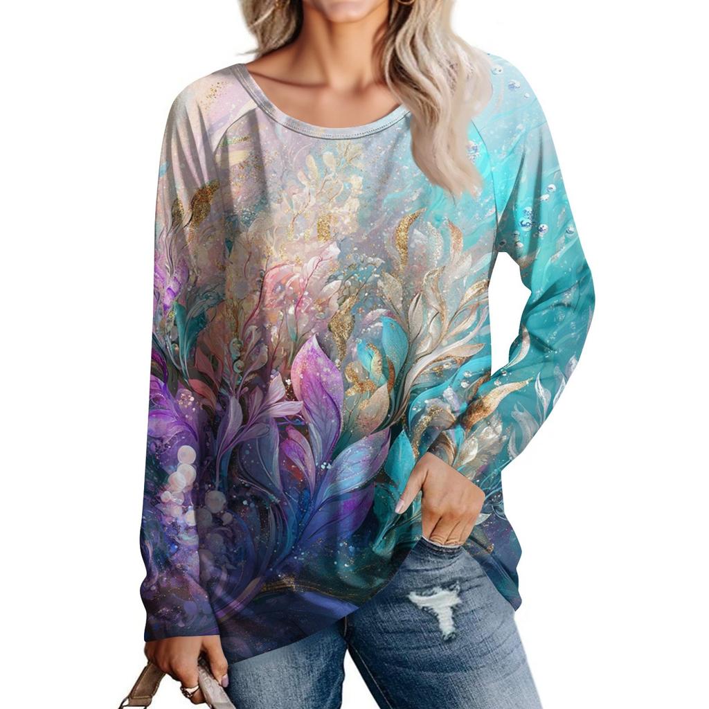 Damenmode Lässig Langarm Print Rundhals Pullover Top Bluse