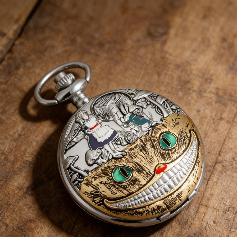 Vintage Retro Popular Two Tone Pocket Watch Enamel Cheshire Cat Girl Mushroom Embossed Pendant Necklace Watch for Women Men чёрный