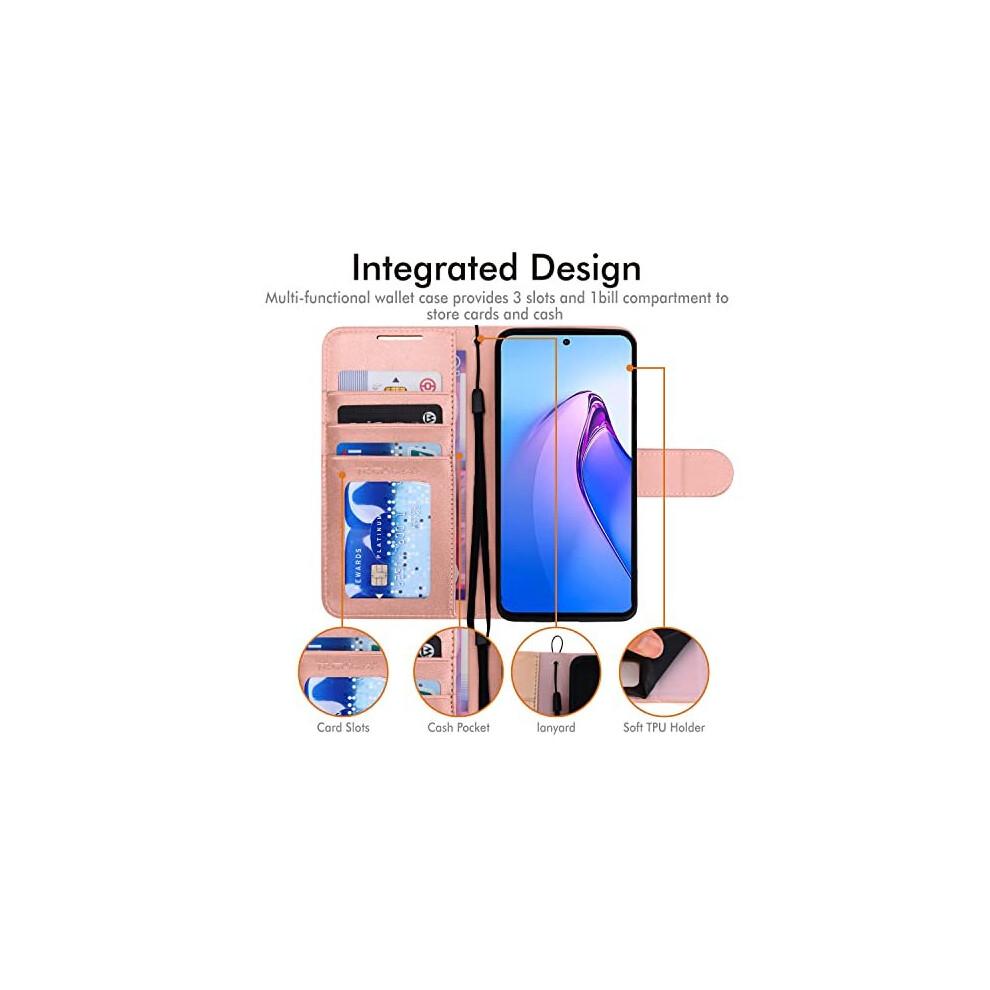 (Rose Gold) PU Leather Wallet Case for Oppo Reno 8 Pro 5G, Flip Protective Case Cover with Wallet Card Holder, Stand & Wrist Strap, Magnetic Closure