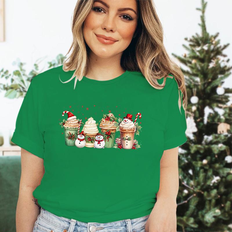Snowman Coffee Christmas Women T Shirt Tops Tee Red Tshirt Female Summer Tshirt Christmas Graphic Tee Female Cute Tops Tee