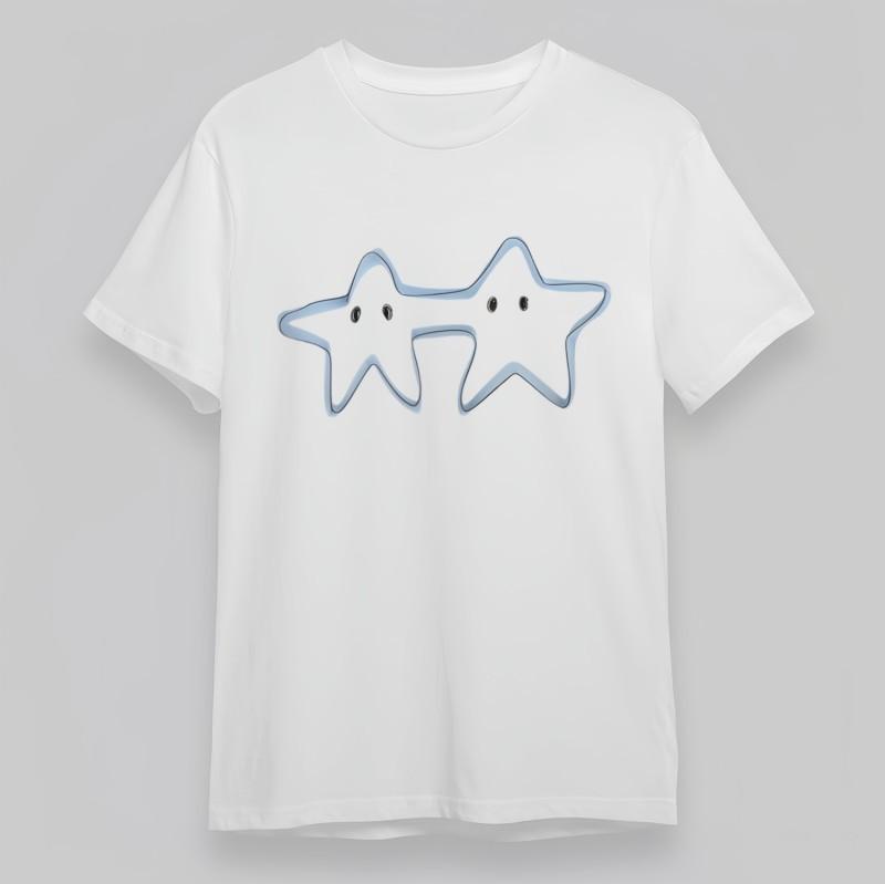 

Women s Oversize Classic T-Shirt Cute Cartoon Twin Stars with Blue Outline Tee S