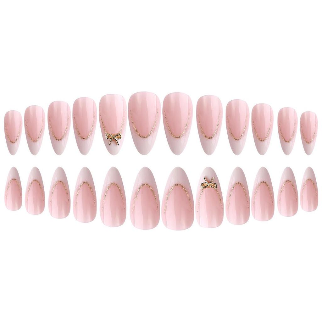 European & American Nude Pink Bowknot Almond French Nails with Gold Edge