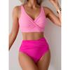 Vintage Hot Pink Patchwork Bikini Women V Neck Cross Pleate High Waist Swimsuit 2025 Holiday Bathing Suit Swimwear Large Size