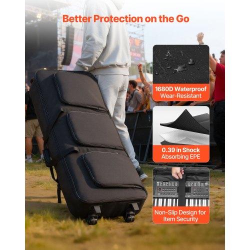 VEVOR 88 Key Keyboard Case, 1040 X 430 X 130 Mm Interior, Padded Rolling Piano Case with Wheels, Sturdy Handle, 3-Pocket Storage