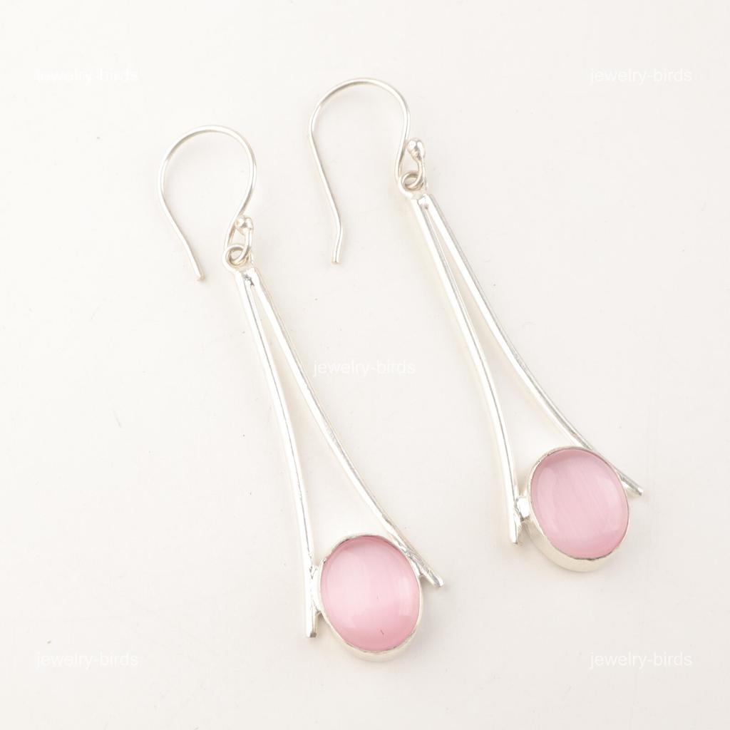 Oval Natural Pink Cat's Eye 925 Silver Hook Dangle Unique Mother Gift Earrings EE-136-40