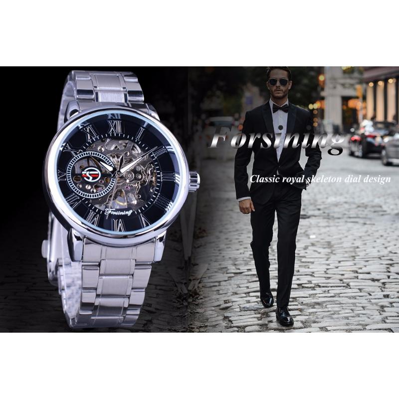 Forsining Montres, montres pour hommes, montres dorées décontractées à la mode, montres mécaniques squelettées avec bracelet en acier