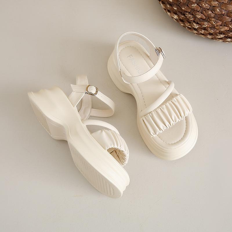 

Platform muffin heel sandals women s summer new fashion pleats one-word buckle sandals women 40 бежевый