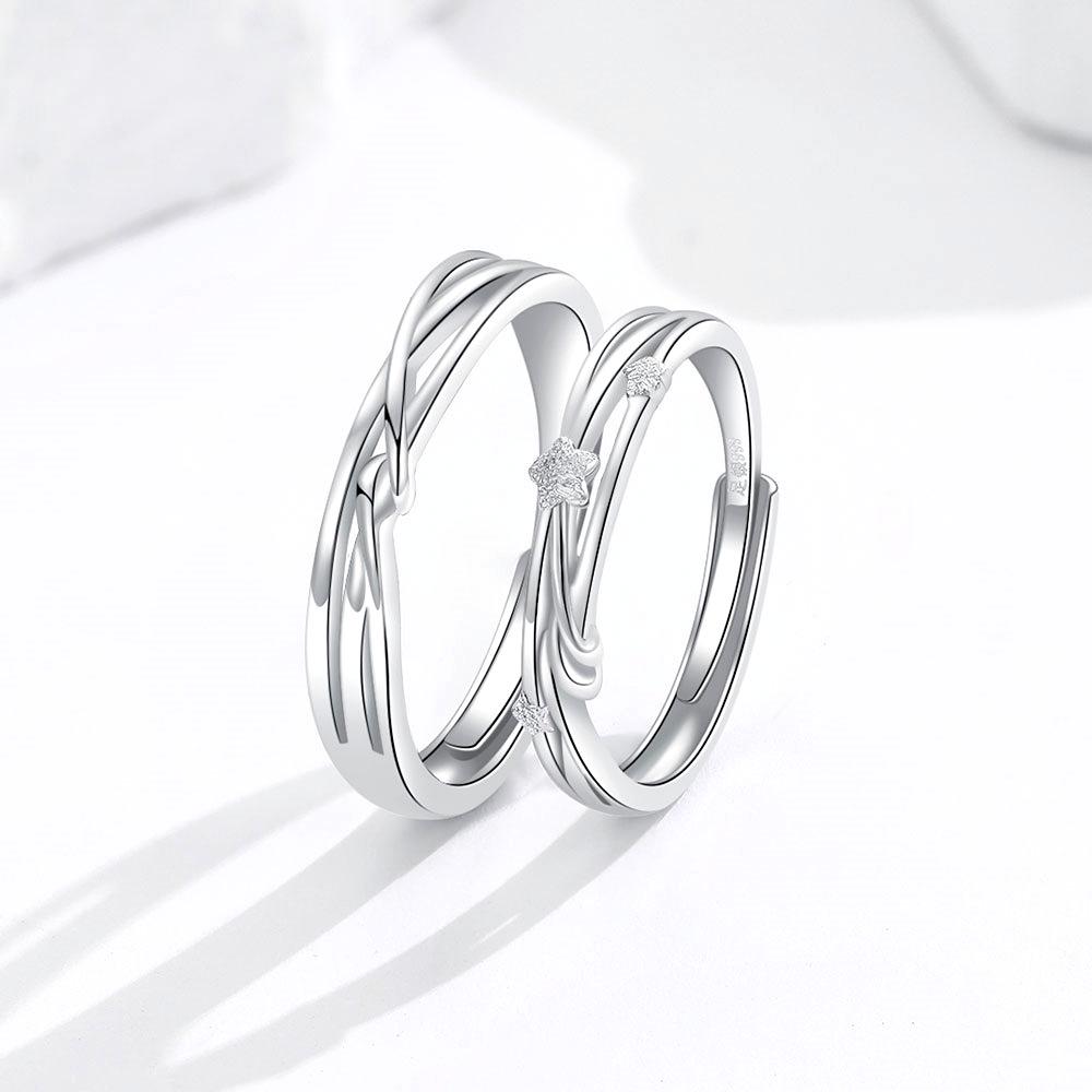 Intertwined Star Trails Sterling Silver Couple's Rings with Diamonds, Adjustable, Custom Engraved.