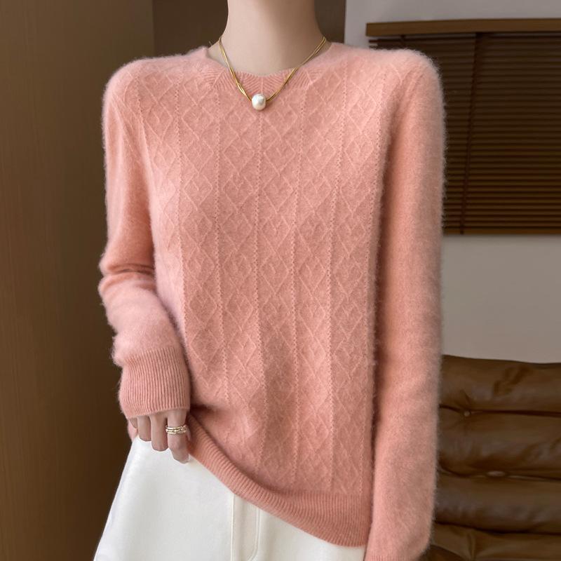 New Seamless One-line Cardigan Round Neck Floral Pullover Wool Knit Top for Women