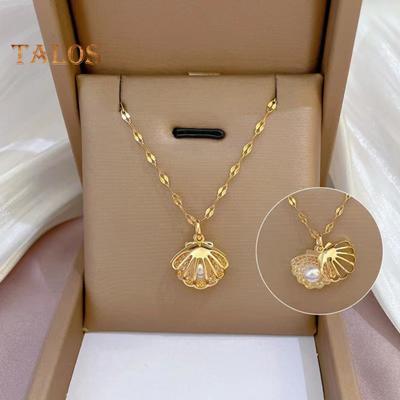 Halskette mit hohler Muschel und Kunstperlen, goldener Muschelanhänger, Schmuckgeschenk für Hochzeit, Jahrestag, Geburtstag