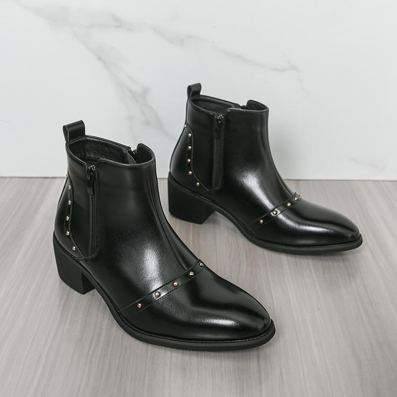 Men’s Short Boots Elevator Chelsea Boots Retro Tuxedo Ankle Boots Pointed Toe Retro Black Heel Boots Large Size