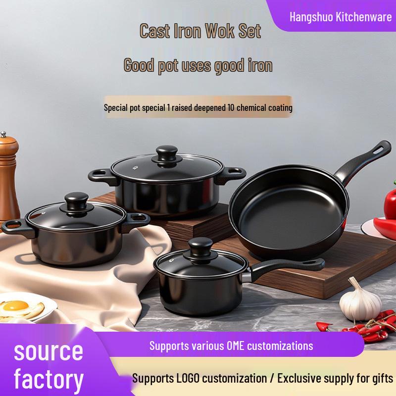 Thirteen-Piece Non-Stick Cookware Set: Includes Spatula, Soup Pot, Milk Pot, Frying Pan, and More.