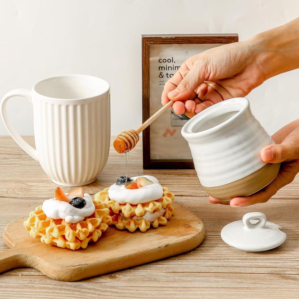 Ceramic 12 Ounce Honey Jar and Dipper Set,Porcelain Honey Pot with Lid and Wooden Dipper,Cute Honey Containers for Party,Holiday,Halloween