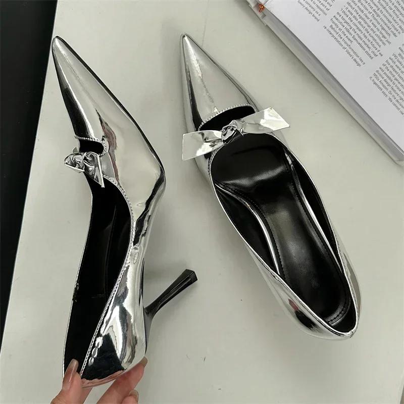 Fashion High Quality Patent Leather Women Pumps Sexy Pointed Toe Bow Design Thin High Heels Elegant Party Dress Shoes Zapatos De Mujer