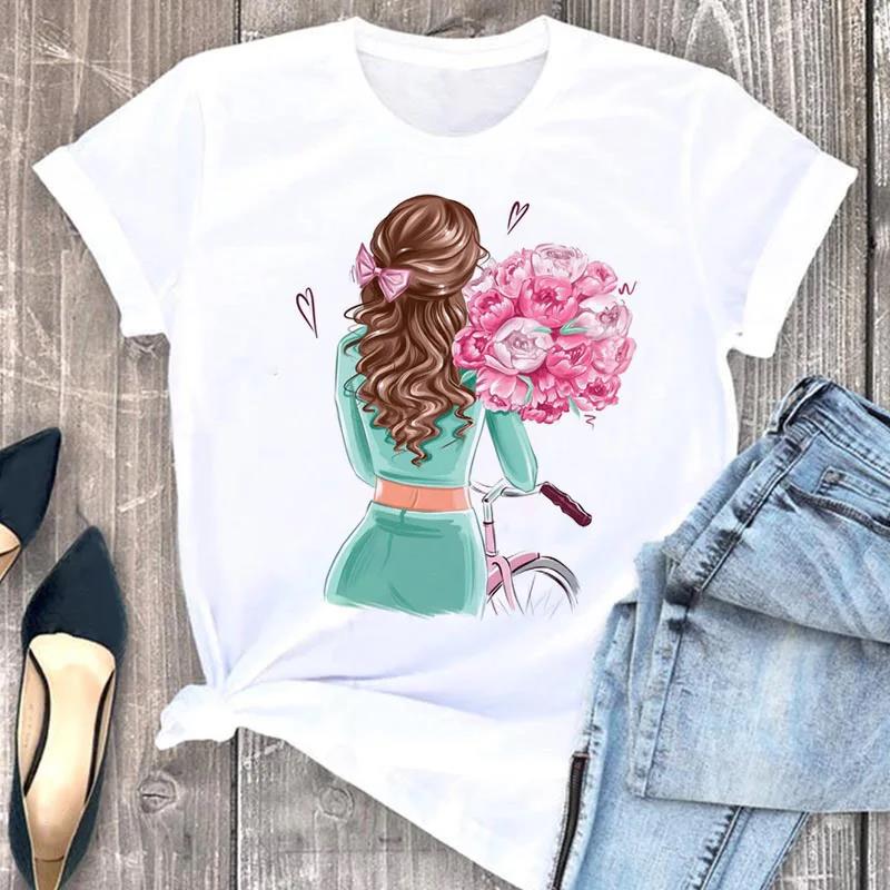Fashion Flower Girl Graphic Print T Shirt Women Unisex Casual Crew Neck T Shirt Short Sleeve T Shirt Unisex S