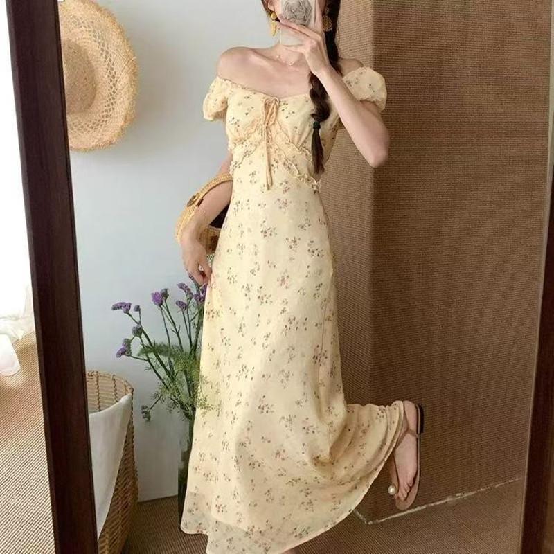 Elegant Floral V-Neck Puff Sleeve Dress for Women - Summer Japanese & Korean Style, Cinched Waist, Slim-Fitting A-Line Long Skirt