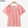 VONDA Summer Women Casual O Neck Polka Dots Short Sleeve Blouse Tops