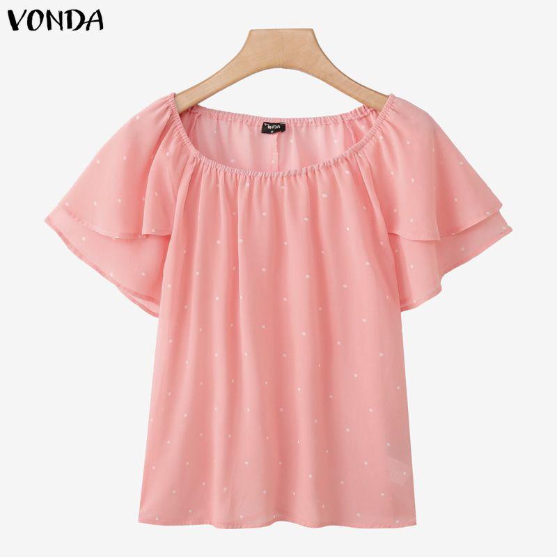 VONDA Летняя женская повседневная блузка-топ с круглым вырезом, коротким рукавом и горошек S розовый