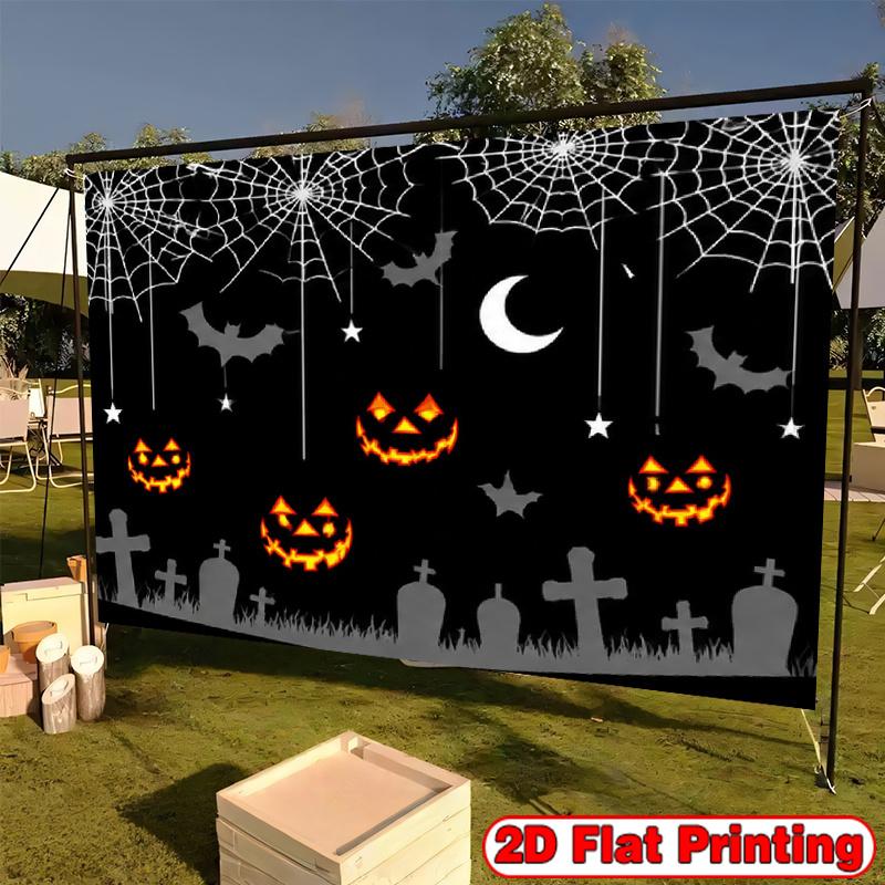 2D flat design 1 piece. Weird pumpkin lantern cemetery banner - square orange suitable for Halloweenzyc