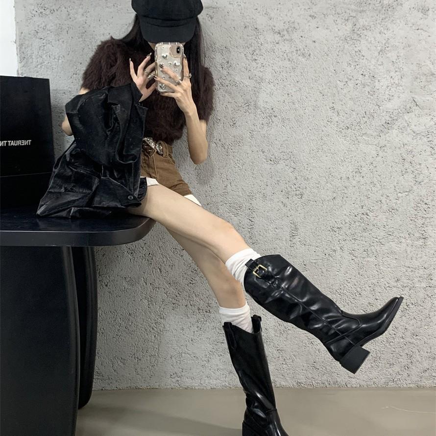 2025 autumn and winter new cow belt buckle V-mouth thick-soled knight boots velvet but knee-high boots women