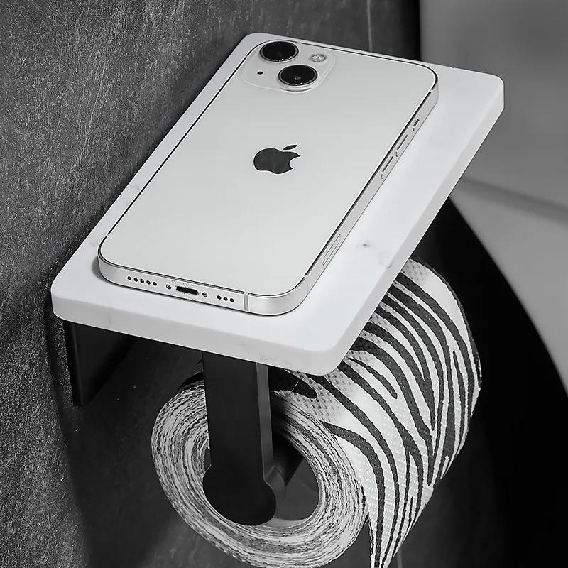 White/Black Marble Bathroom Paper Towel Holder Aluminum Wall-mounted Phone Rack Roll Tissue Shelf Bathroom Accessories