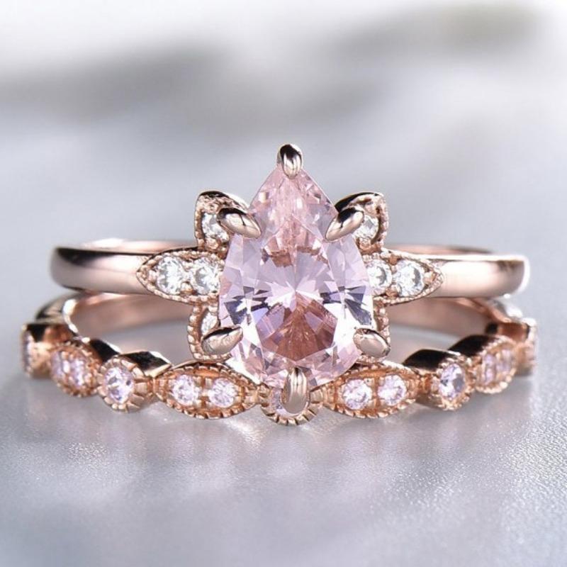 New Rose Gold Inlaid with Water Drop Powder Zircon Pair Ring European Beautiful Women's Wedding Engagement Floral Jewelry