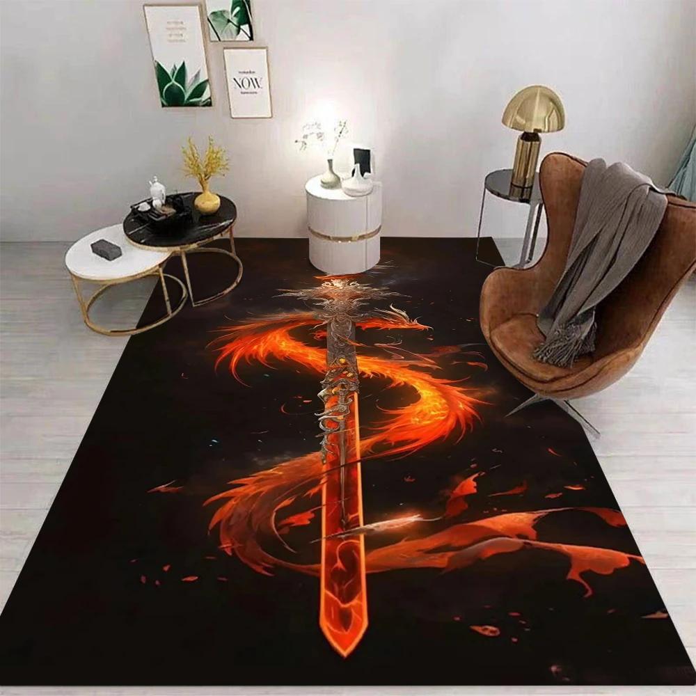 Fantasy Sword Dragon Phoenix Carpet With Glowing Sword Dragon Phoenix Flame Energy Designs Non Slip Rug For Living Room Decor