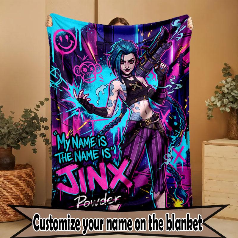Custom Name Personalized Jinx League of Legends Print Blanket, Home Decor, Bedroom, Sofa, Camping, Couch, Gifts for Birthday Christmas