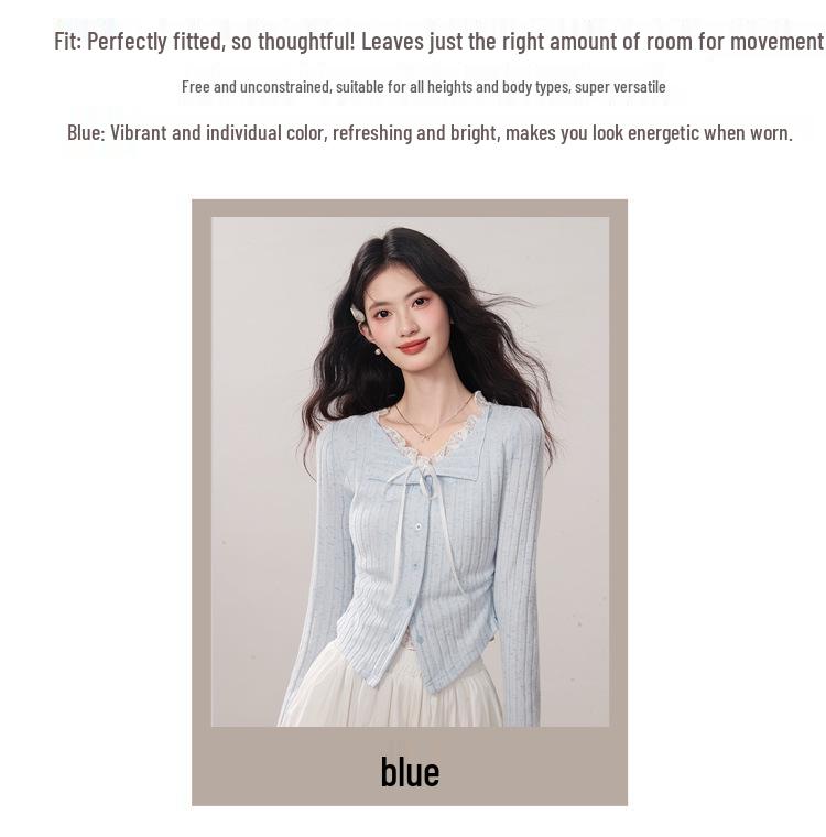 Kumikumi Women's Chic Blue Lace Tie-Up Long Sleeve Autumn Two-Piece Slimming T-Shirt