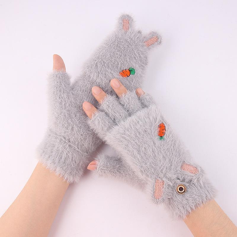 Gants tricotés demi-doigts à rabat pour femmes automne et hiver mignons bois chauds imitation vison étudiant écriture gants sans doigts