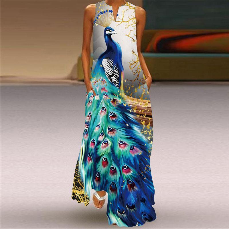 Dress Women 3D Print Peacock Dragon Big Elephant Horse Tiger Lion Animal Pattern Sleeveless Maxi Dress