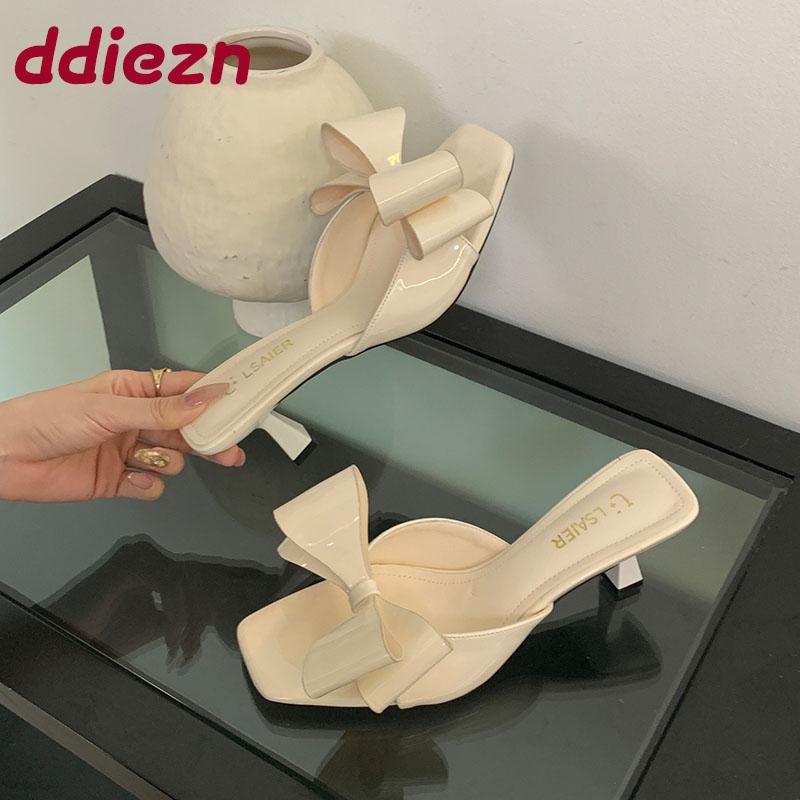 Fashion New In 2025 Footwear Square Toe Women Heels Pumps Shoes Female Slides Fashion Butterfly-Knot Ladies Heeled Shoes Sandals