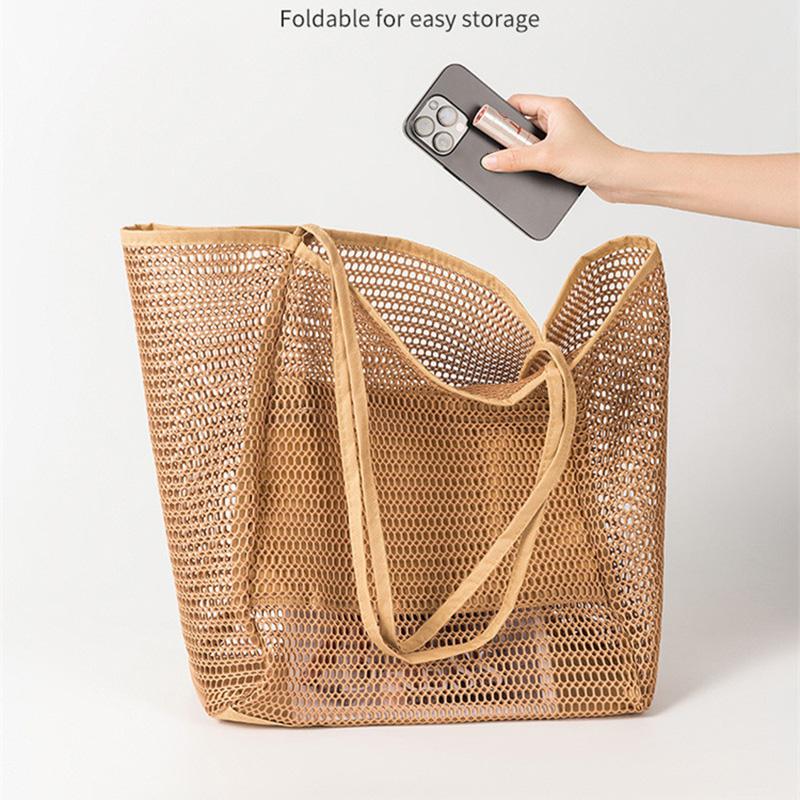 Mesh Beach Bag Large Capacity Simple Travel Shoulder Bag Hollow Handbag Toiletry Swimming Storage Bag for Outdoor Travel