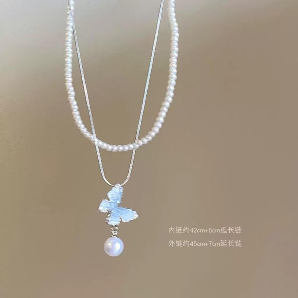 Ice Crystal Gradual Change Color Pearl Butterfly Fringed Necklace Women's Summer Exquisite High Sense Collarbone Chain Sweet Cool Babe Necklace