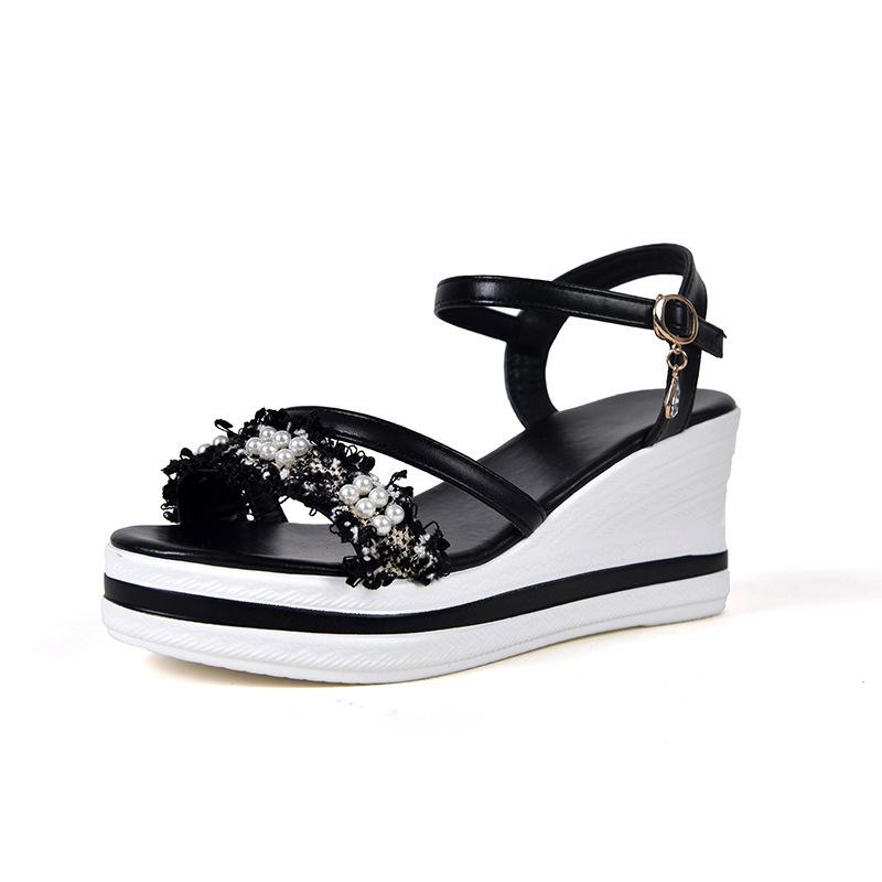 Plus Size Shoes for Women 35-42 Summer Fashion Women Peep Toe Buckle Strap Black White Platform Wedge Non-slip Sandals