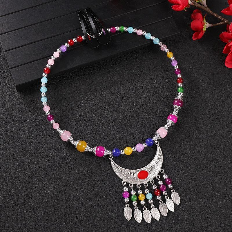 Glasierter Perlenfransenkragen Damen Halskette Retro Exotischer Stil Miao Stirnschmuck Augenbrauenanhänger Tibetischer Kopfschmuck