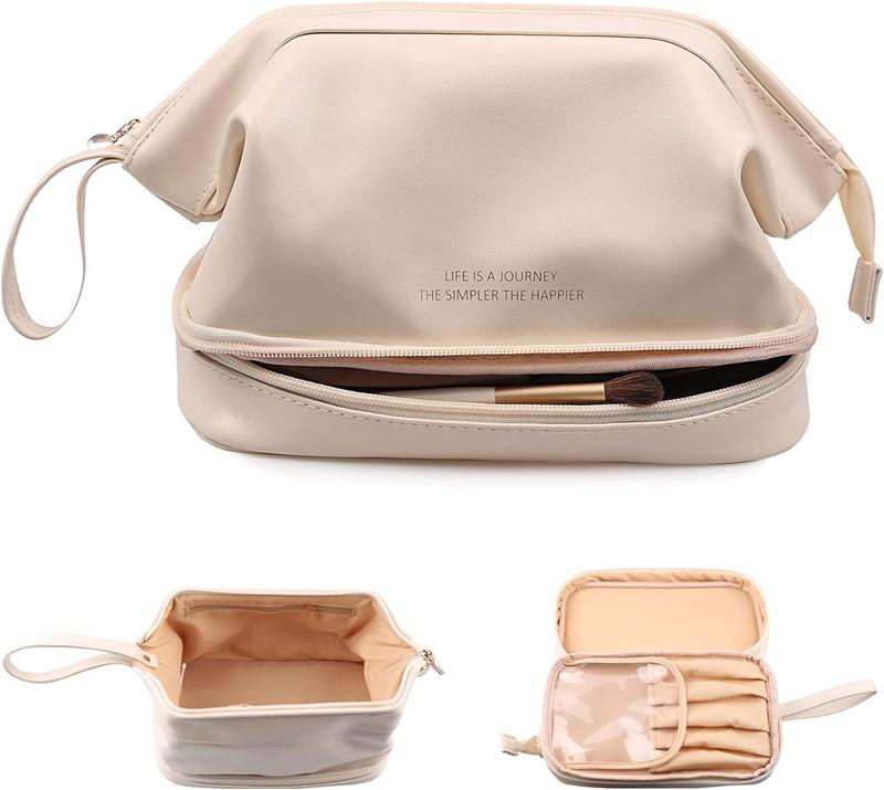 

Large Double Layer Cosmetic Bag Waterproof Leather Travel Makeup Bag Women Girls Portable Toiletry Bag Make Up Storage Organizer білий