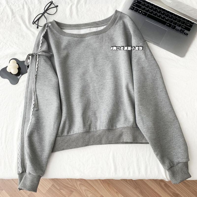 

Новый кружевной пуловер с бантом, с косым плечом, с длинными рукавами, толстовка, ранняя осень, свободный топ S серый