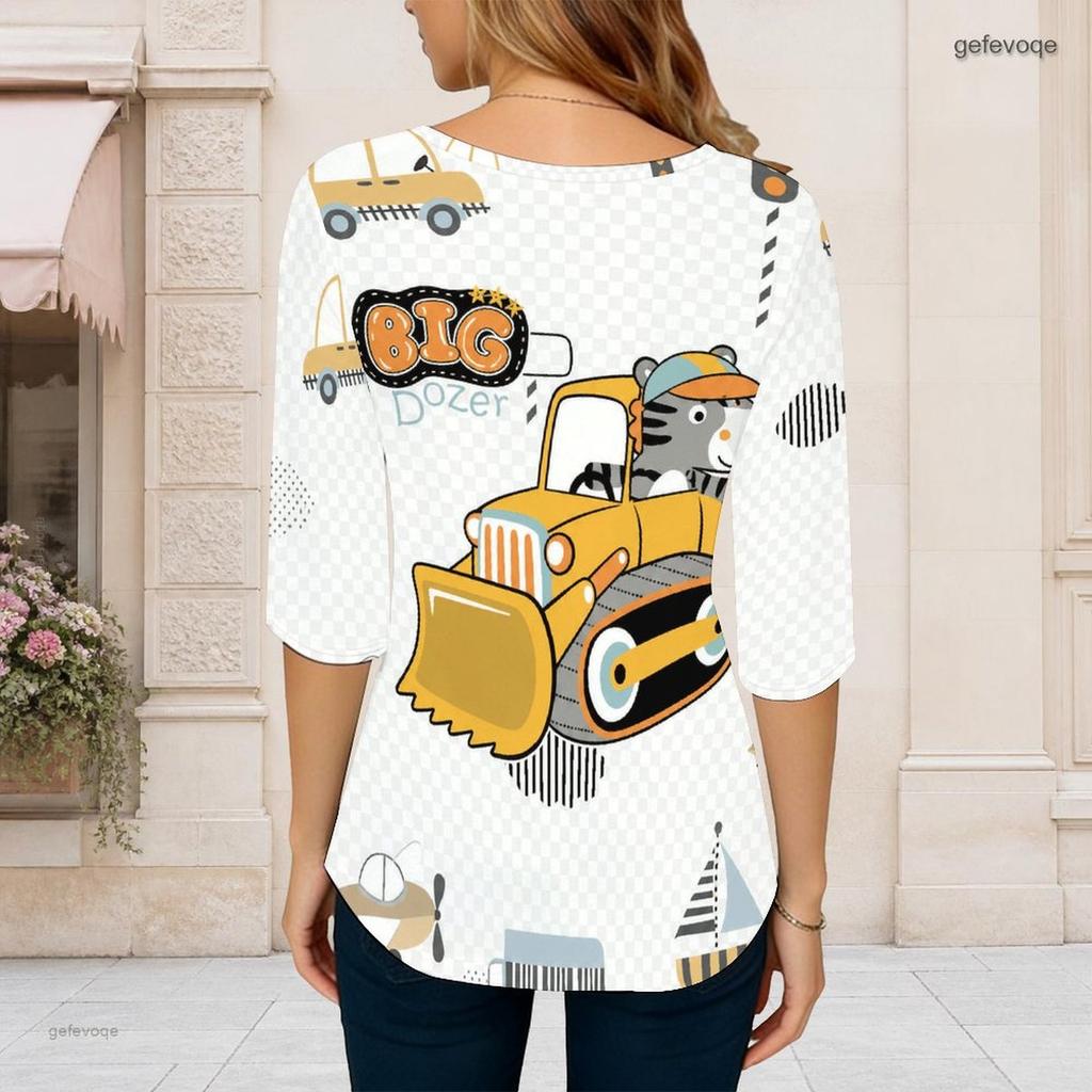Women S Plus Size Round Neck Half Sleeve Printed T Shirt Black Gold Beige Curved Hem With Pockets