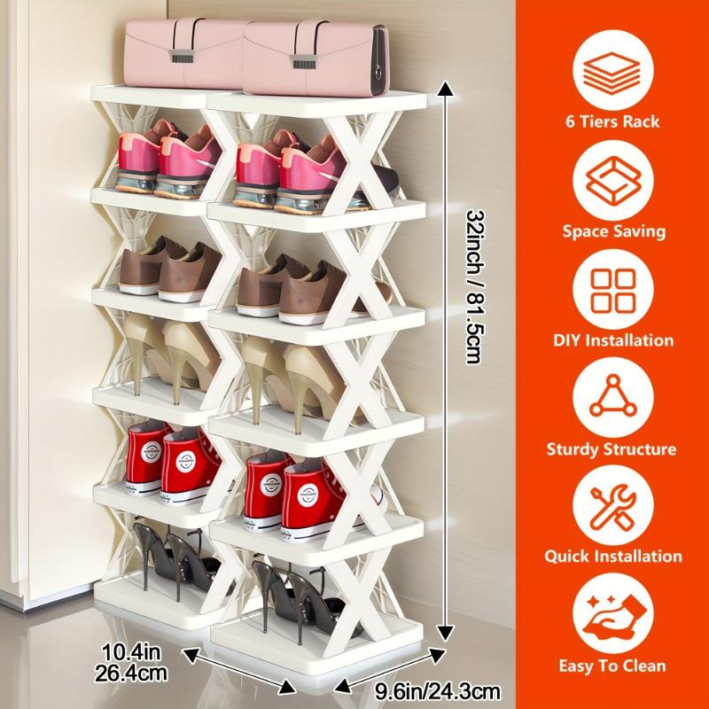 1PACK 6-lagiges, hochbelastbares Schuhregal, faltbar und stapelbar, platzsparendes schmales Design, robustes Kunststoff-Schuhregal