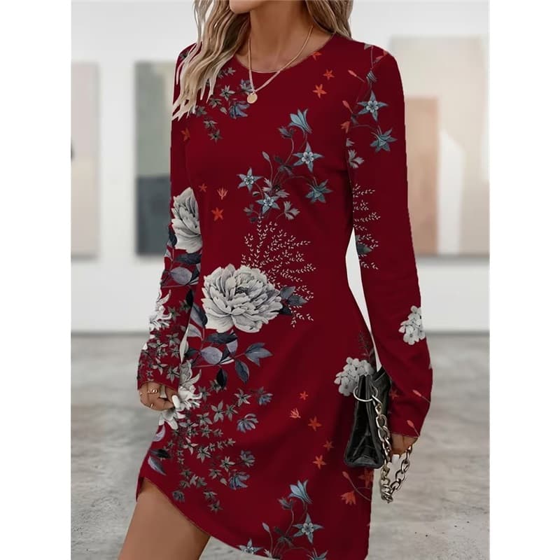 Spring Autumn Women Dress Casual Long Sleeve O-neck 3D Print Loose A-Line Dress Oversized Home Wear Robe