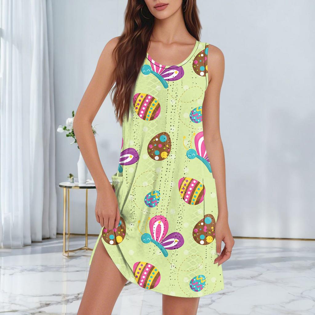 Damen Lässiges Modisches Atmungsaktives Bedrucktes Trägerkleid Mit Taschen Und Geschlitztem Saum