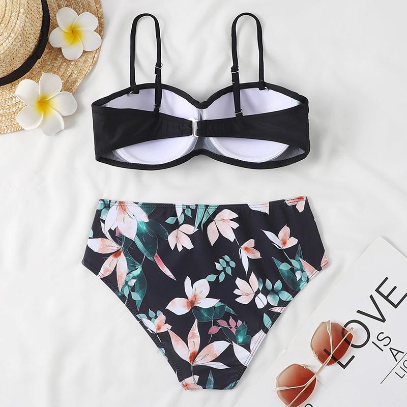 Two-Piece Swimsuit Women Underwire Padded Push-Up Split Bikini Solid Color Bra Floral Print High Waist Bottoms Swimsuit