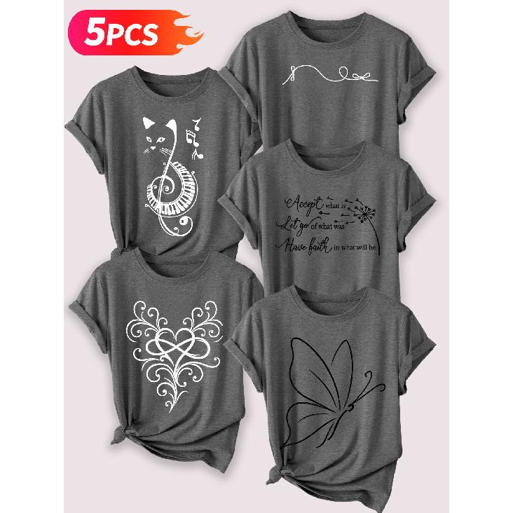 Follow a specific direction Five-piece set of women's short-sleeve tops Music-Inspired Retro Print Elegant Summer Party Outfits Elegant short sleeves