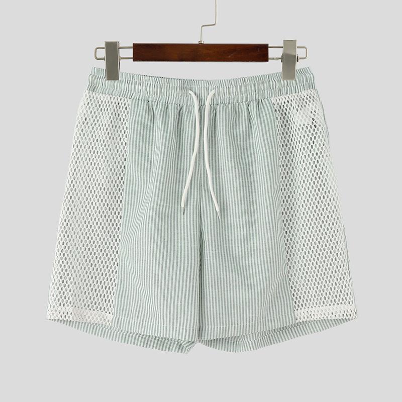 INCERUN Men Drawstring Elastic Waist Striped Hollow Beach Sports Shorts Pants