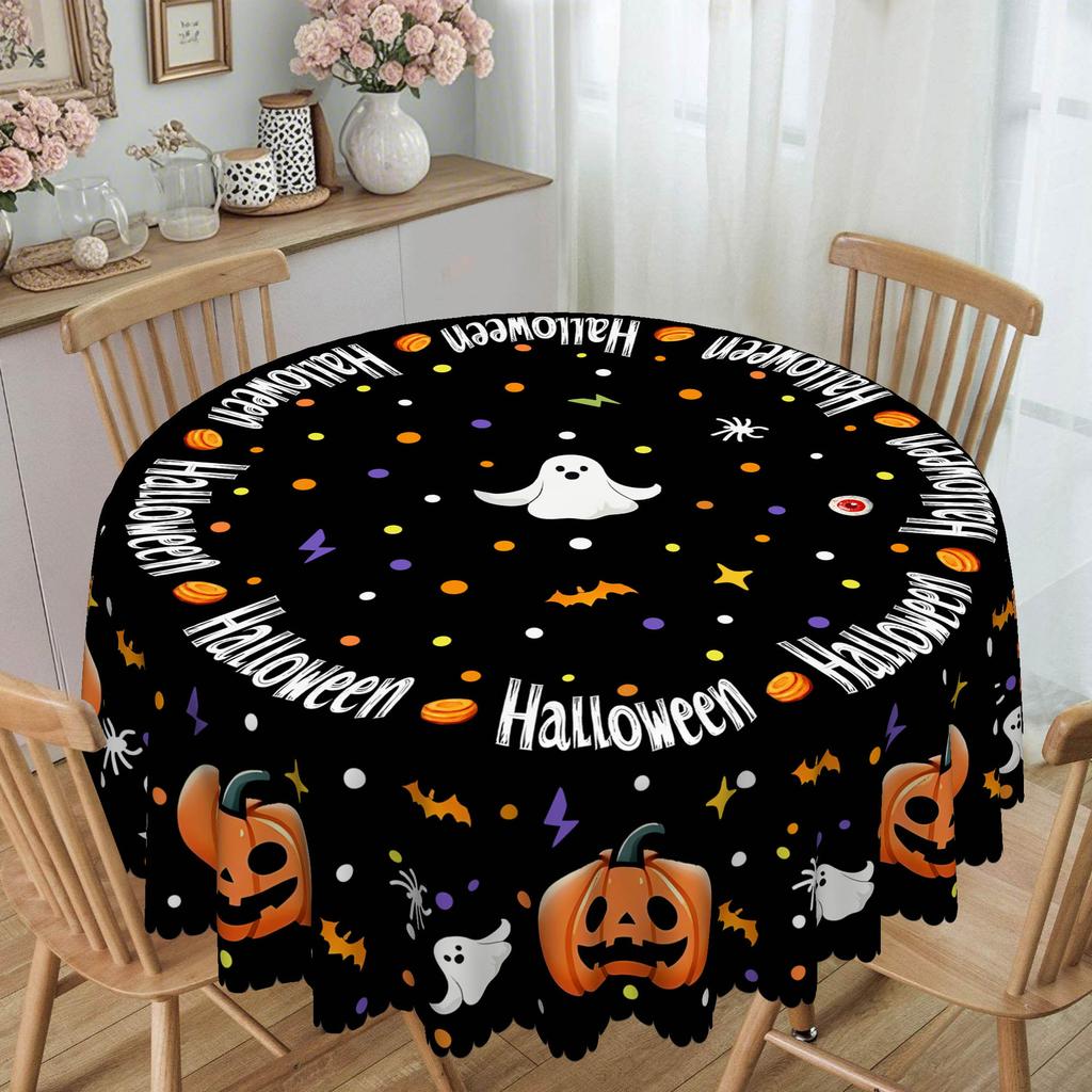 1 Halloween Runde Tischdecke 60 Zoll - Geister, Fledermäuse, Kürbisse und Spinnenmuster für lange Tische