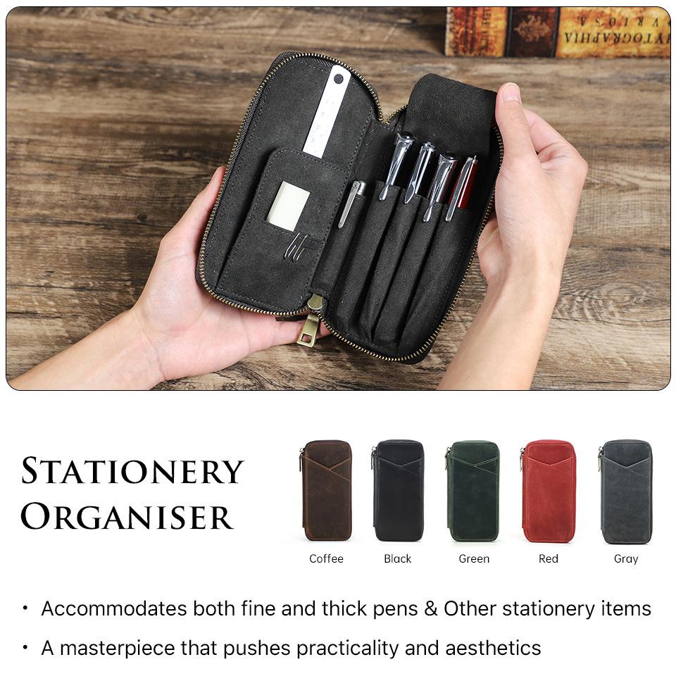 Ręcznie wykonany Retro Etui na długopisy ze skóry Crazy Horse - Pojemność na 4 długopisy, Wielofunkcyjny zamykany na zamek Pudełko na artykuły papiernicze dla studentów