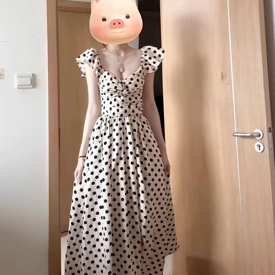Summer backless polka dots waist slim small flying sleeves suspender dress French retro sweet and spicy temperament long dress women