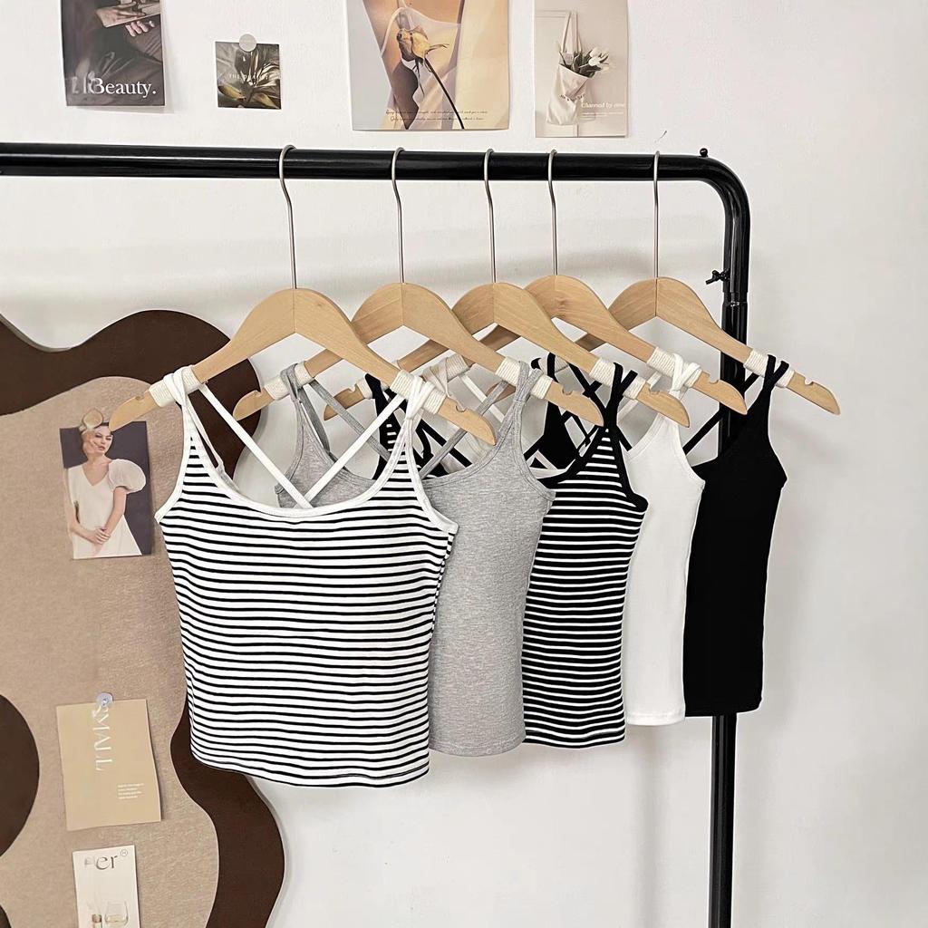 Striped Cut-Out Back Camisole Tank with Built-in Pads for No-Bra Wear