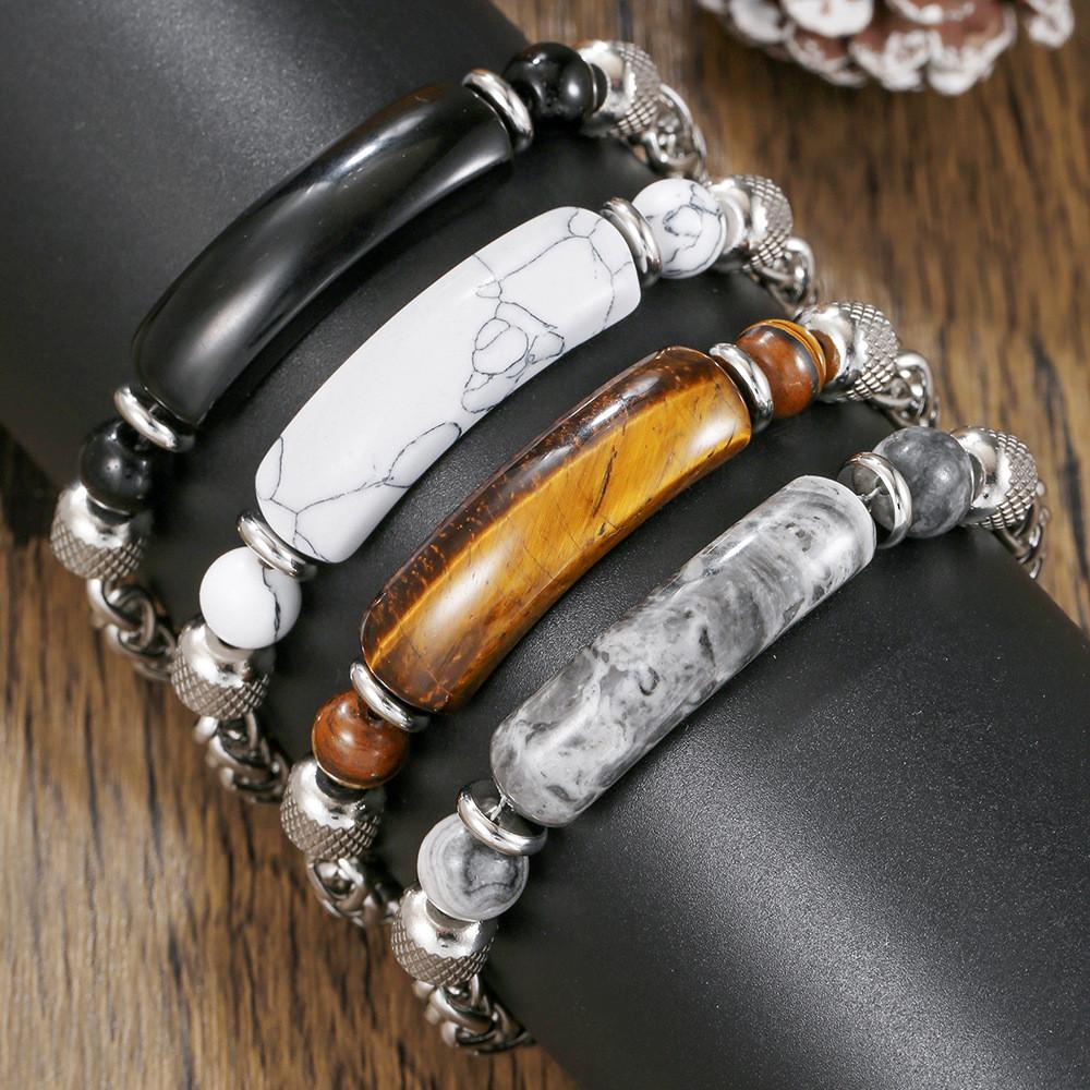 Geometric Stainless Steel Mens Beaded Bracelet With Turquoise For Casual Wear